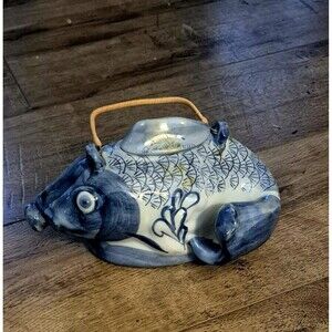 Vtg Porcelain Hand Painted Blue & White Koi Fish Tea Pot China Some Yellowing.